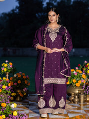 Wine Chinon Zari Embroidered Kurta with Palazzo and Dupatta Set