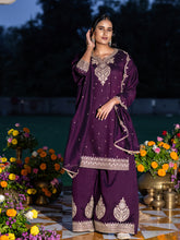 Wine Chinon Zari Embroidered Kurta with Palazzo and Dupatta Set