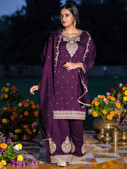 Wine Chinon Zari Embroidered Kurta with Palazzo and Dupatta Set