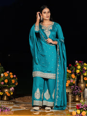 Teal Blue Chinon Zari Embroidered Kurta with Palazzo and Dupatta Set