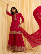Red Vichitra Zari Sequence Embroidered and Cording Kurta With Palazzo And Dupatta Set