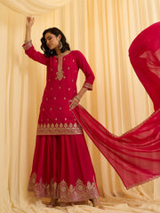 Red Vichitra Zari Sequence Embroidered and Cording Kurta With Palazzo And Dupatta Set