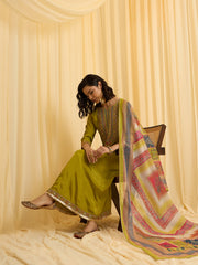 Olive Green Chinon Zari Sequence Thread Embroidered Coding With Gotta Patti Lace Kurta With Pant And Dupatta Set