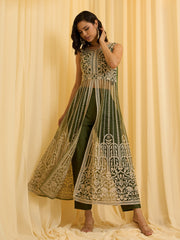 Olive Green Net Chain Embroidery Front Slit A-Line Kurta With Pant Set