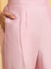 Pink Net Chain Embroidery Front Slit A-Line Kurta With Pant Set