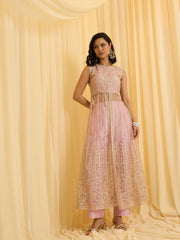 Pink Net Chain Embroidery Front Slit A-Line Kurta With Pant Set