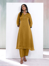 Golden Solid Silk Blend A-Line Womens Kurta With Pant Set
