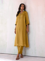 Golden Solid Silk Blend A-Line Womens Kurta With Pant Set