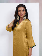 Golden Solid Silk Blend A-Line Womens Kurta With Pant Set