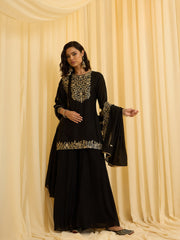 Black Embroidered Kurta with One-Side Embroidered Dupatta & Plazzo
