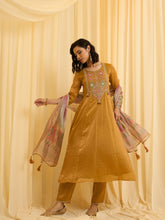 Mustard Chiffon Zari Sequence Thread Embroidered With Coding Kurta With Pant And Dupatta Set