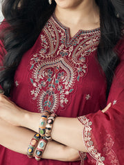 Burgundy Vichitra Zari Sequence Embroidered Kurta With Patiala And Dupatta Set
