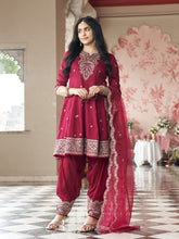 Burgundy Vichitra Zari Sequence Embroidered Kurta With Patiala And Dupatta Set