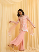 Light Pink Embroidered Kurti with Matching Flared Pajamas and Dupatta Set