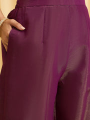 Wine Silk Blend Zari Sequence Embroidered Kurta With Palazzo And Dupatta Set