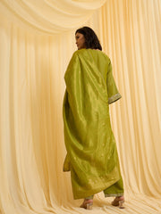 Olive Green Silk Blend Zari Sequence Embroidered Kurta With Palazzo And Dupatta Set
