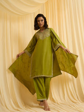 Olive Green Silk Blend Zari Sequence Embroidered Kurta With Palazzo And Dupatta Set