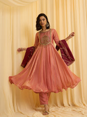 Peach silk Blend Zari Sequence Thread Embroidered Coding With beaded drops Kurta With Pant And Dupatta Set