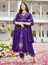 Purple Chinon Zari Sequence Thread Embroidered With Coding Kurta With Pant And Dupatta Set