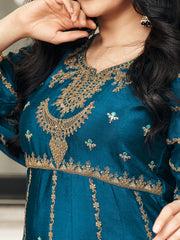 Crystal Teal Chinon Zari Sequence Thread Embroidered With Coding Kurta With Pant And Dupatta Set