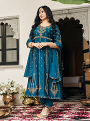 Crystal Teal Chinon Zari Sequence Thread Embroidered With Coding Kurta With Pant And Dupatta Set