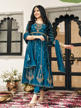 Crystal Teal Chinon Zari Sequence Thread Embroidered With Coding Kurta With Pant And Dupatta Set