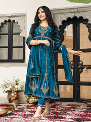 Crystal Teal Chinon Zari Sequence Thread Embroidered With Coding Kurta With Pant And Dupatta Set