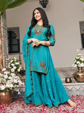 Turquoise blue Zari Sequence Thread Embroidered and Cording Kurta With Palazzo And Dupatta Set