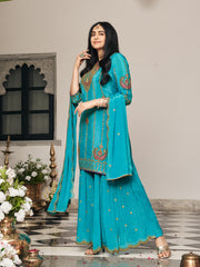 Turquoise blue Zari Sequence Thread Embroidered and Cording Kurta With Palazzo And Dupatta Set