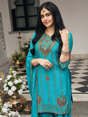 Turquoise blue Zari Sequence Thread Embroidered and Cording Kurta With Palazzo And Dupatta Set
