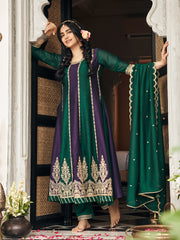 Wine & Green Vichitra Zari Sequence Embroidered Coding Kurta With Pant And Dupatta Set