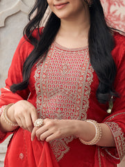 Red Silk Zari Sequence Thread Embroidered With Coding Kurta With Palazzo And Dupatta Set