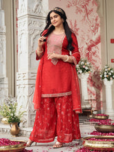 Red Silk Zari Sequence Thread Embroidered With Coding Kurta With Palazzo And Dupatta Set