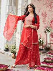 Red Silk Zari Sequence Thread Embroidered With Coding Kurta With Palazzo And Dupatta Set