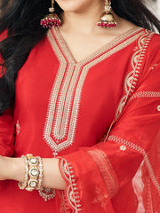 Red Chinon Zari Sequence Embroidered Coding Kurta With Palazzo And Dupatta Set