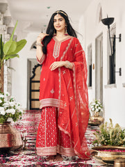 Red Chinon Zari Sequence Embroidered Coding Kurta With Palazzo And Dupatta Set
