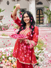 Red Organza Zari Sequence Thread Embroidered Coding With Mirror Work Kurta With Palazzo Set