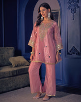 Metallic Rose Pink Mirror-Work Kurta and Palazzo Set