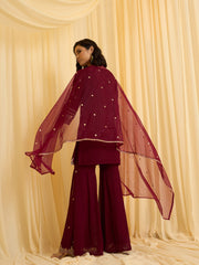 Maroon Georgette Zari Sequence Thread Embroidered Kurta Sharara Sets with Dupatta
