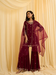 Maroon Georgette Zari Sequence Thread Embroidered Kurta Sharara Sets with Dupatta