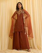 Rust Brown Embroidered Sleeveless Kurta with Palazzo and Cape Set