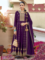 Purple Zari Sequence Thread Embroidery Kurta With Pant And Dupatta
