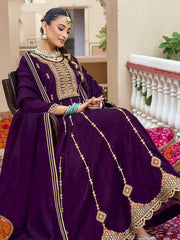 Purple Zari Sequence Thread Embroidery Kurta With Pant And Dupatta