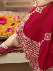 Red Zari Sequence Thread Embroidery Kurta With Pant And Dupatta