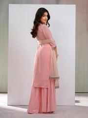 Coral Pink Georgette Embroidered & Sequence with Fancy Tasseled work Kurta Set with Net dupatta