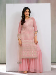 Coral Pink Georgette Embroidered & Sequence with Fancy Tasseled work Kurta Set with Net dupatta