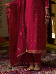 Red Silk Blend Zari Sequence Mirror Embroidery With Jacquard Work Kurta With Pant And Dupatta Set