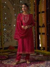 Red Silk Blend Zari Sequence Mirror Embroidery With Jacquard Work Kurta With Pant And Dupatta Set