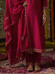 Pink Silk Blend Zari Sequence Mirror Embroidery With Jacquard Work Kurta With Pant And Dupatta Set