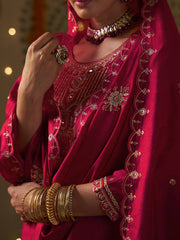 Pink Silk Blend Zari Sequence Mirror Embroidery With Jacquard Work Kurta With Pant And Dupatta Set